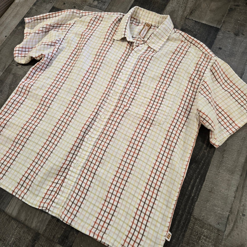 Evolution Mens 2XL Plaid Short Sleeve Button Down Shirt Cream Brown Orange